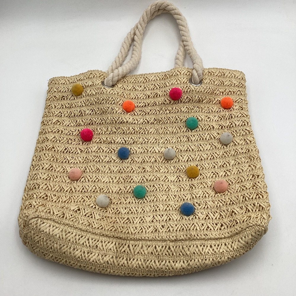 Straw Beach Tote Bag Multi Color Pom Pom Rope Handle Beige‎